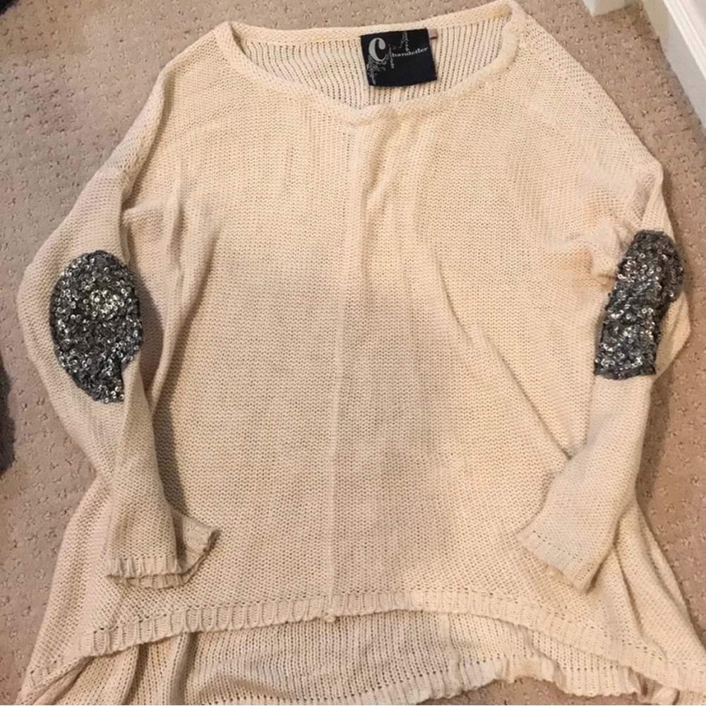 LF Chandelier Cream V-Neck Sweater with Sequin Elbow Patches